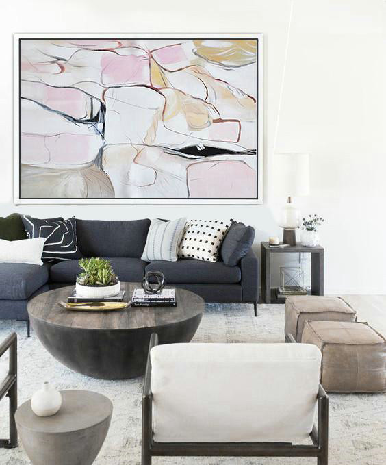 Large Abstract Painting On Canvas,Oversized Horizontal Contemporary Art,Large Wall Art Home Decor,White,Pink,Yellow,Grey.etc